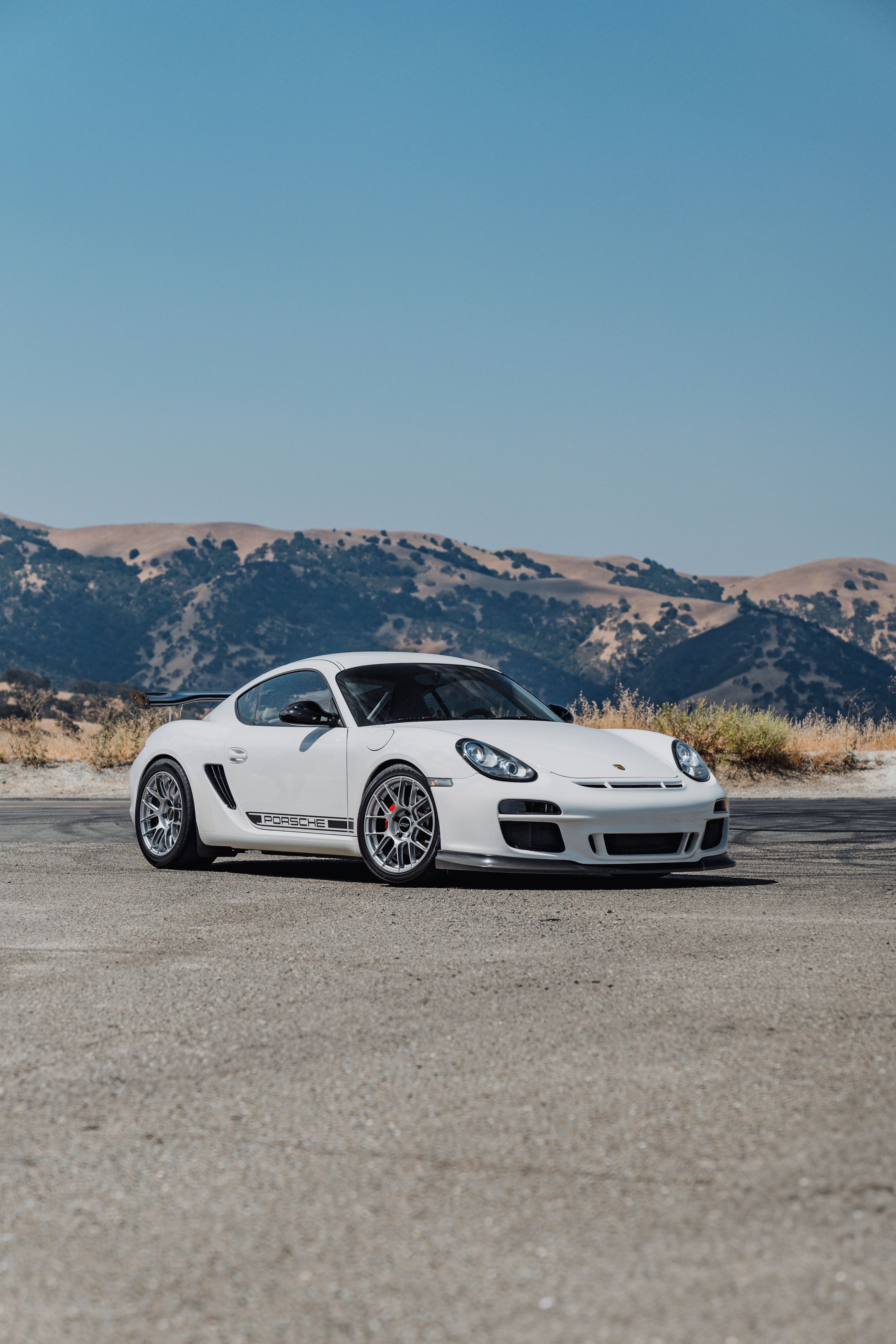 White Porsche 987 Cayman R with 18" EC-7RS Apex wheels in Race Silver