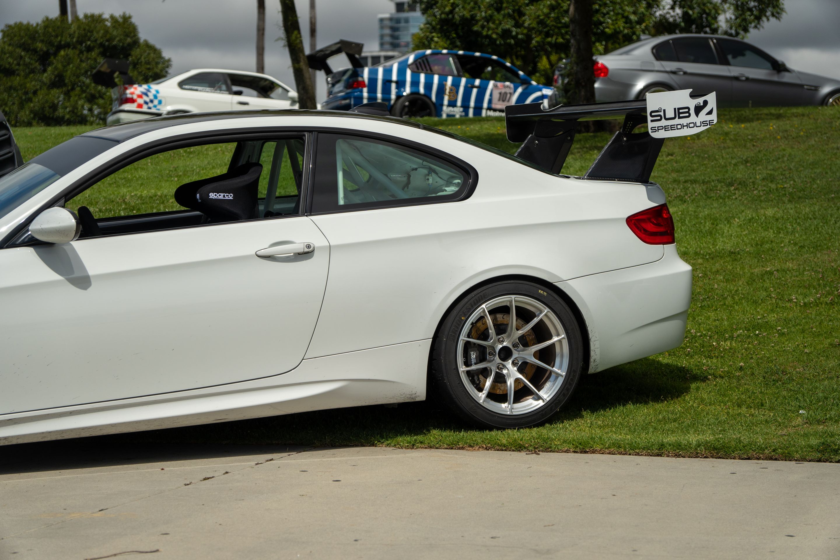 White BMW E92 Coupe M3 with 18" VS-5RS Apex wheels in Brushed Clear
