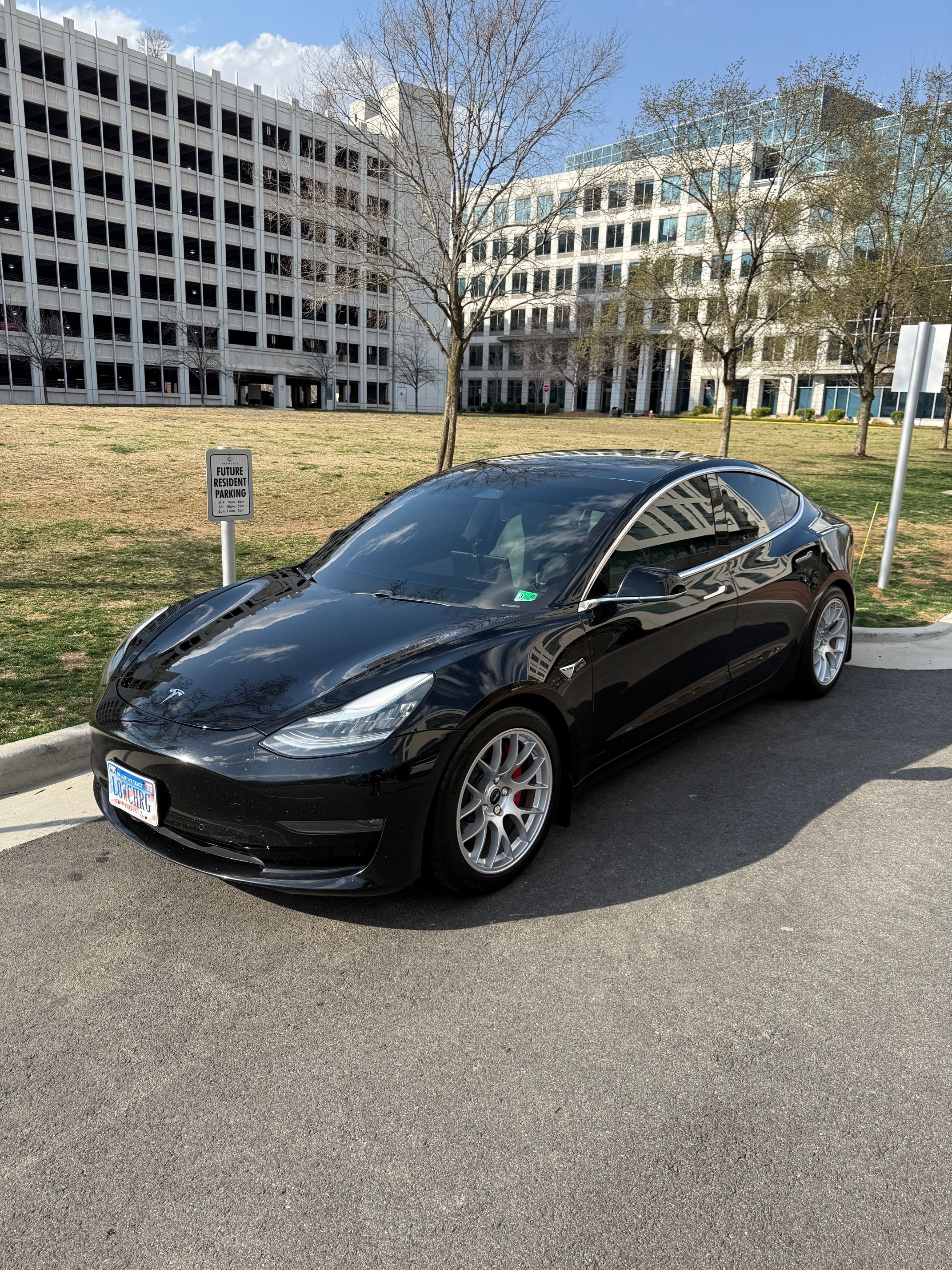 Black Tesla Model 3 with 18" EC-7 Apex wheels in Race Silver