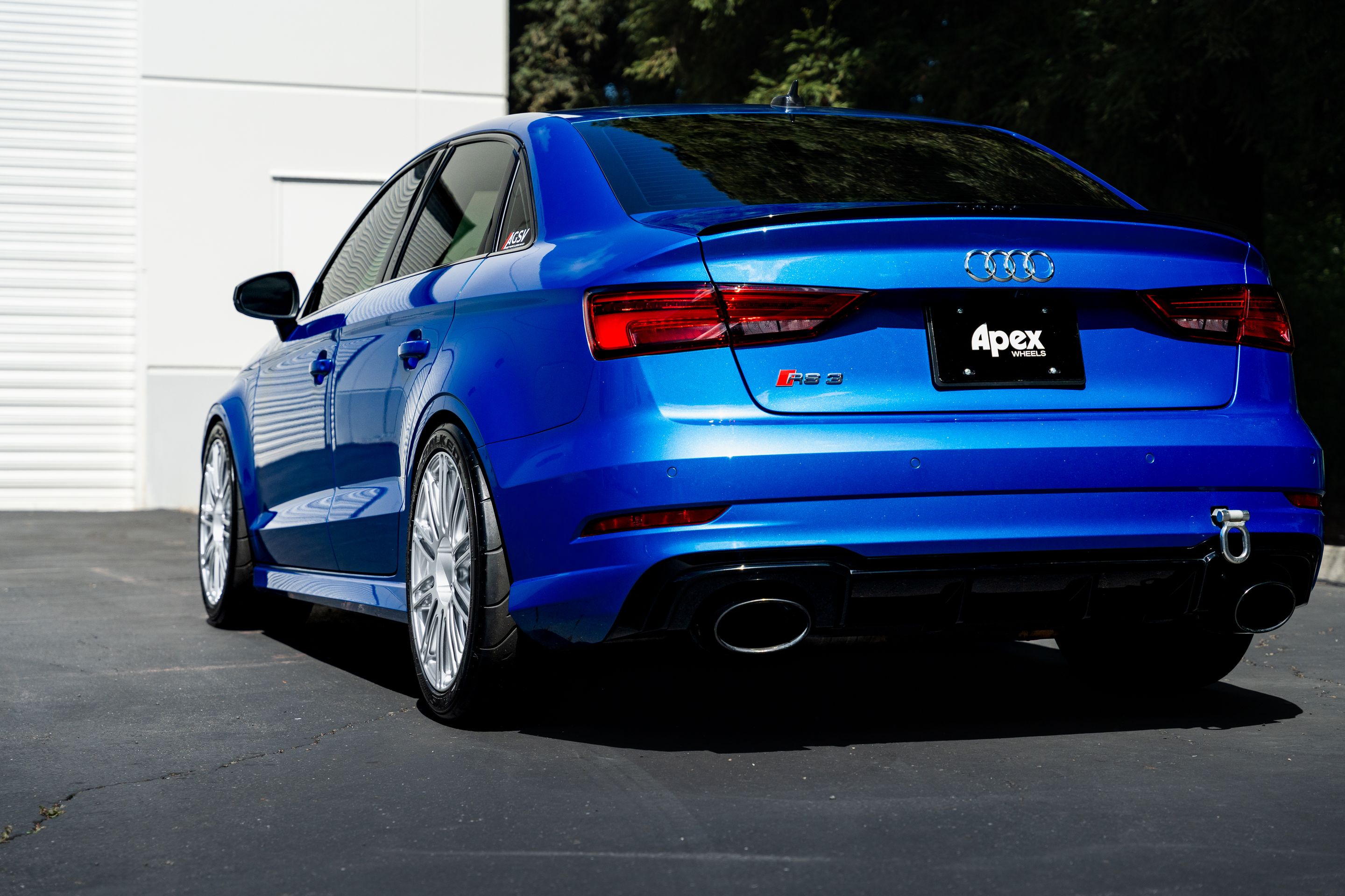 Blue Audi 8V RS 3 with 18" TC-10RT Apex wheels in Race Silver