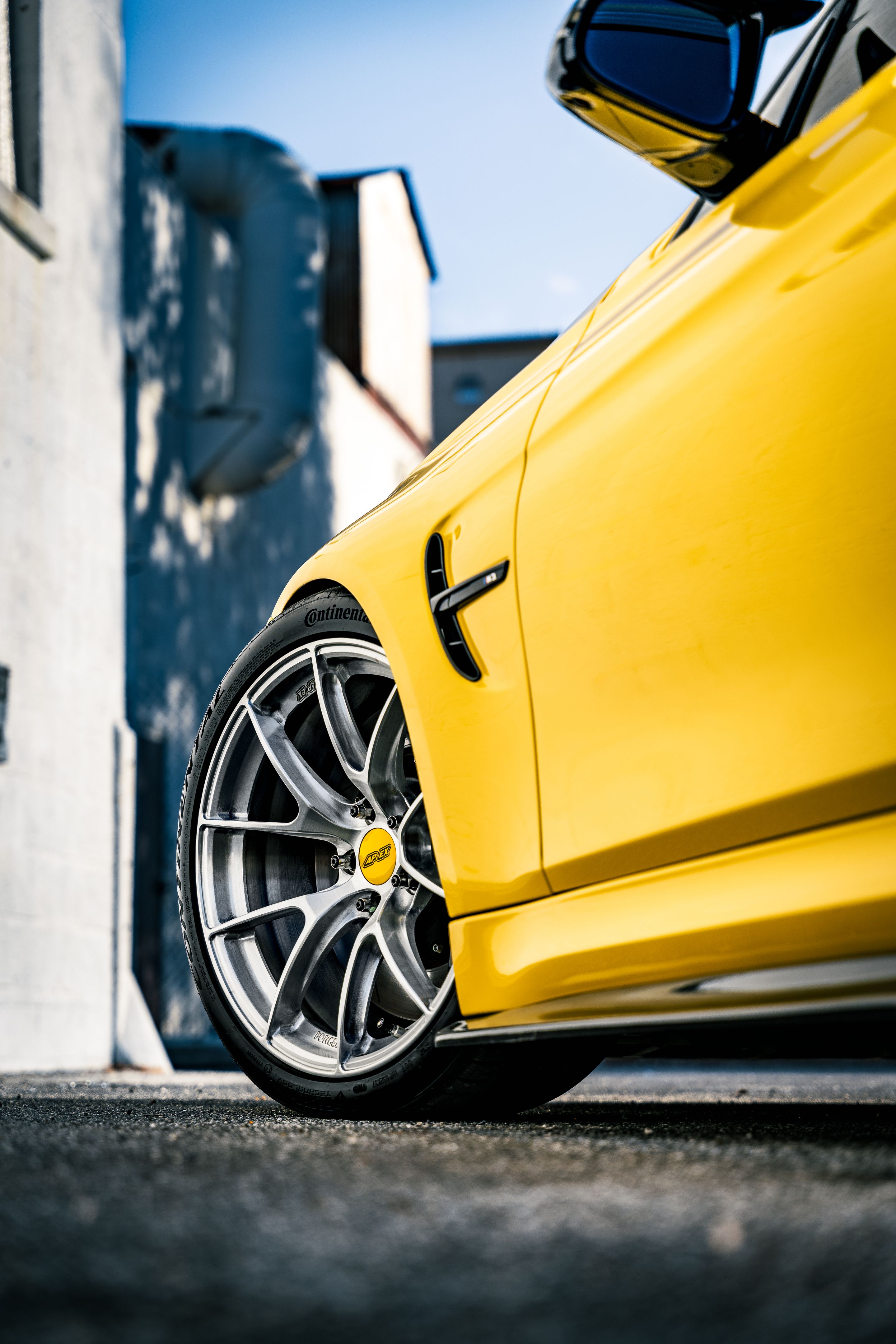 Yellow BMW F80 M3 with 19" VS-5RS Apex wheels in Brushed Clear