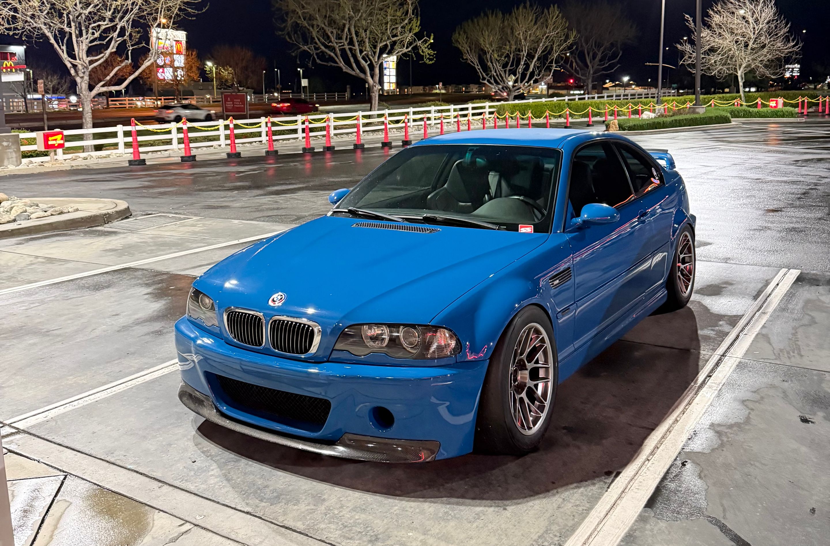Blue BMW E46 M3 with 17" ARC-8 Apex wheels in Hyper Black