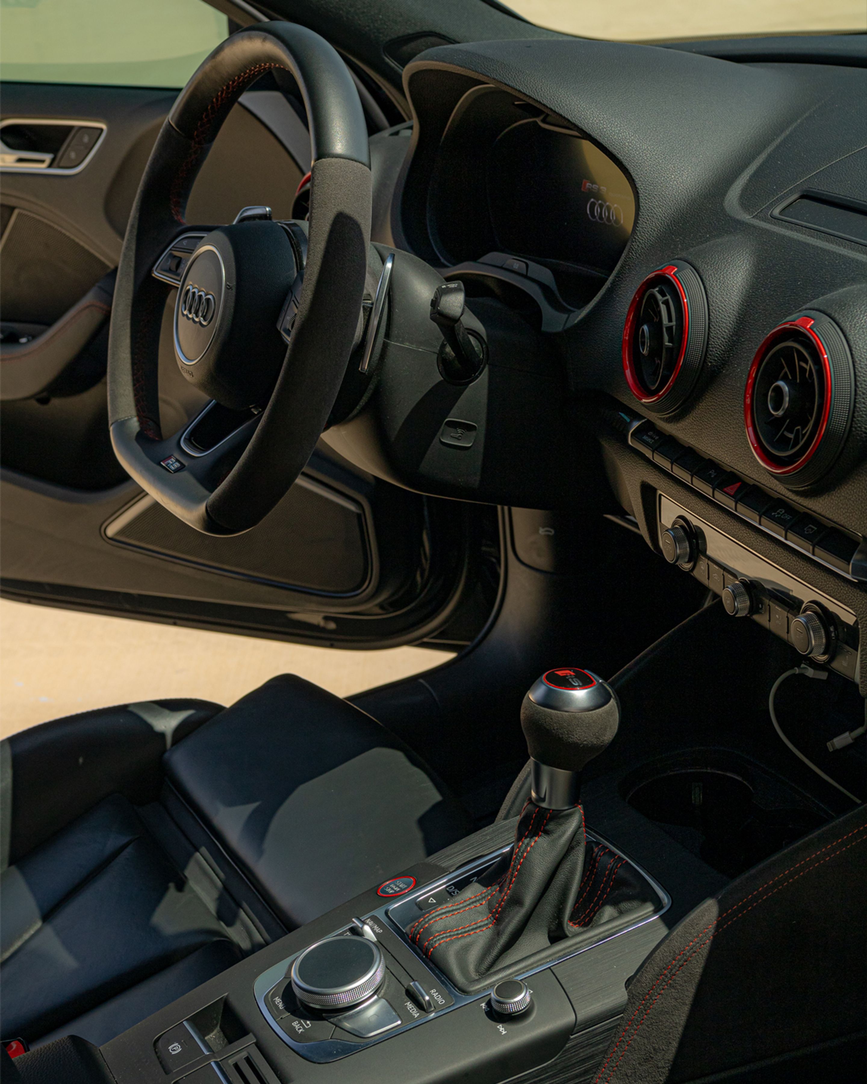 Black Audi 8V RS 3 with 18" VS-5 Apex wheels in Satin Bronze