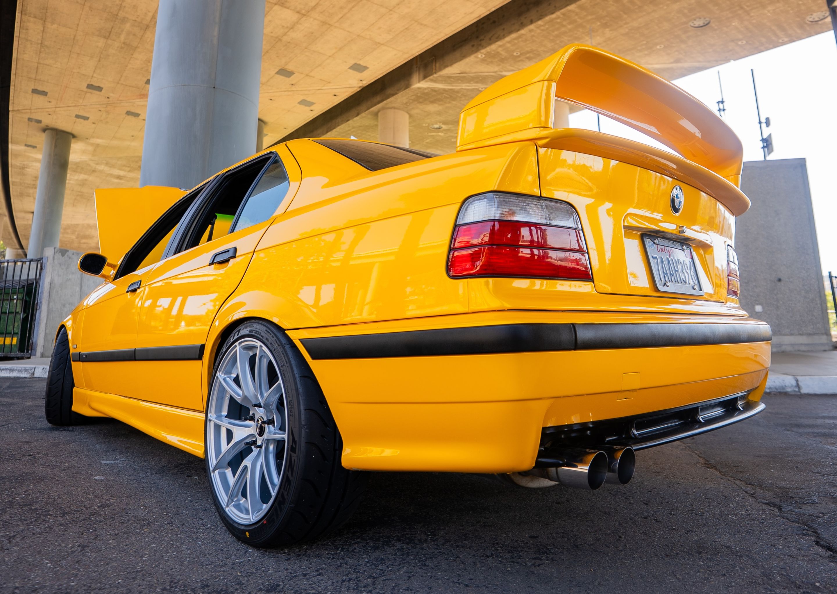Yellow BMW E36 M3 with 18" VS-5 Apex wheels in Race Silver