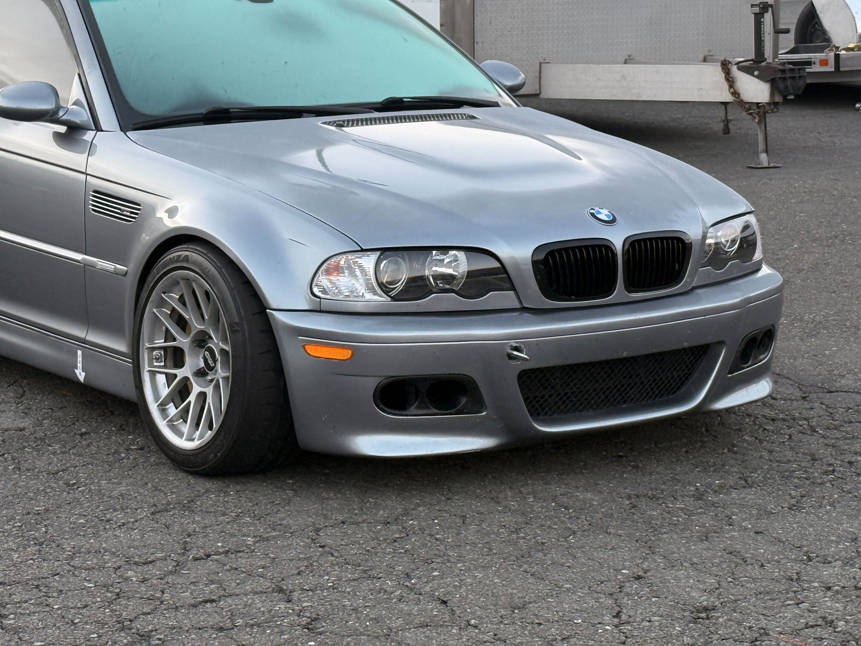 Silver BMW E46 M3 with 17" ARC-8 Apex wheels in Race Silver