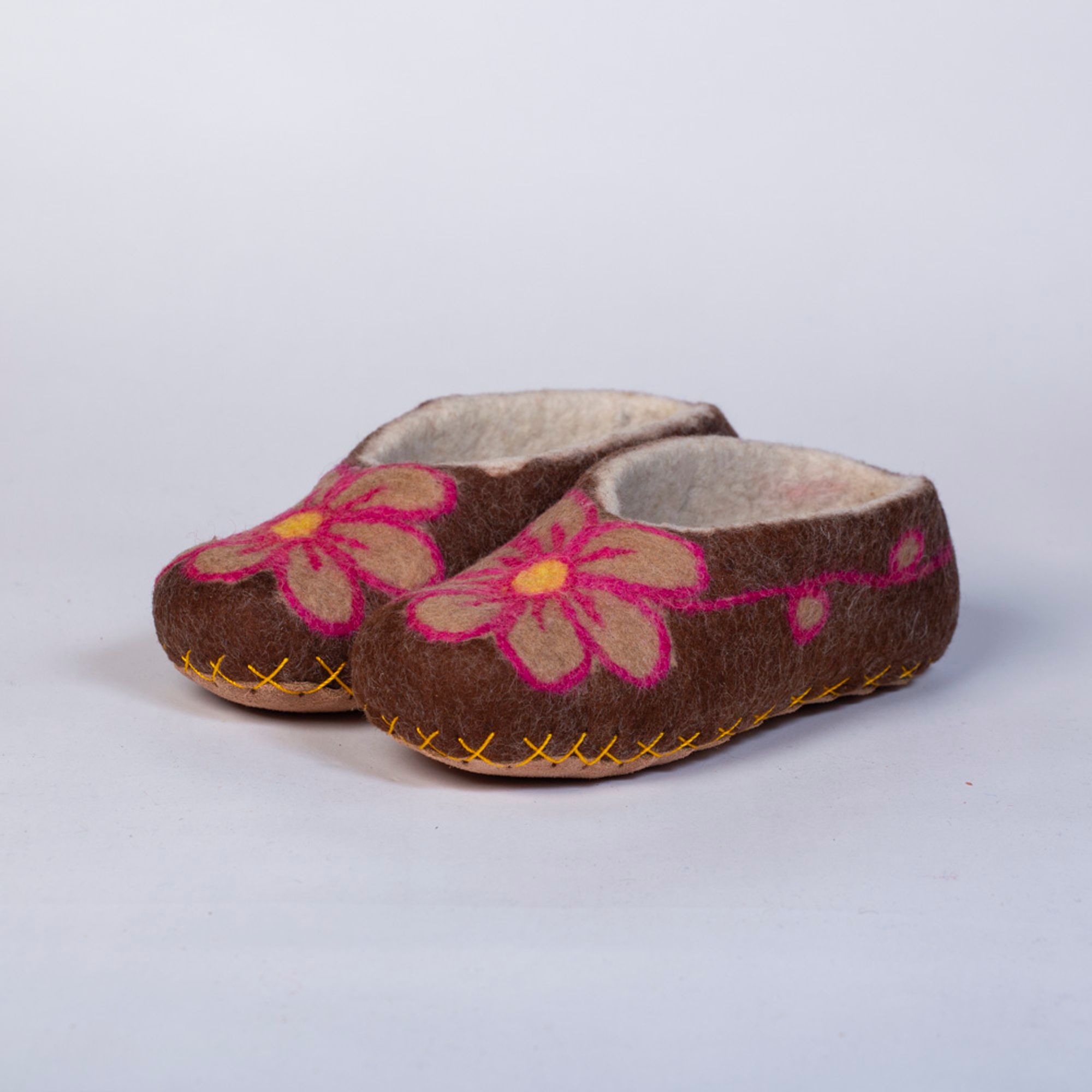 Hand-felted Wool Valley Slippers made in Peru. Model: Flower