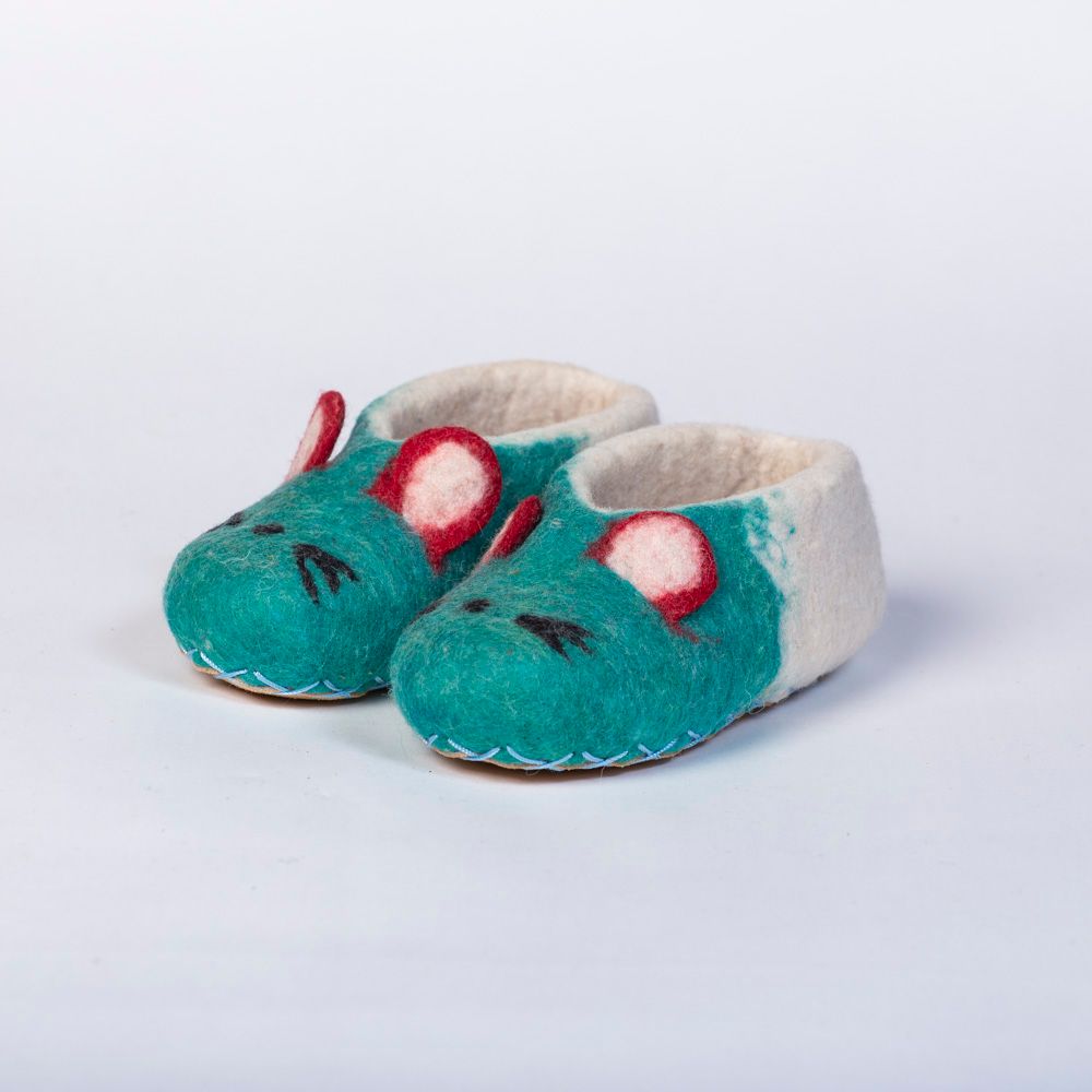 Hand-felted Wool Valley Slippers made in Peru. Model: Mouse Patrol