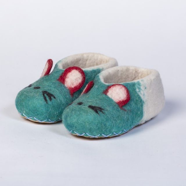 Hand-felted Wool Valley Slippers made in Peru. Model: Mouse Patrol