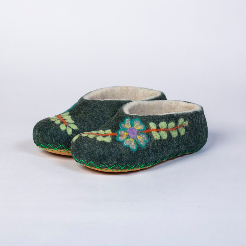 Hand-felted Wool Valley Slippers made in Peru. Model: Lily