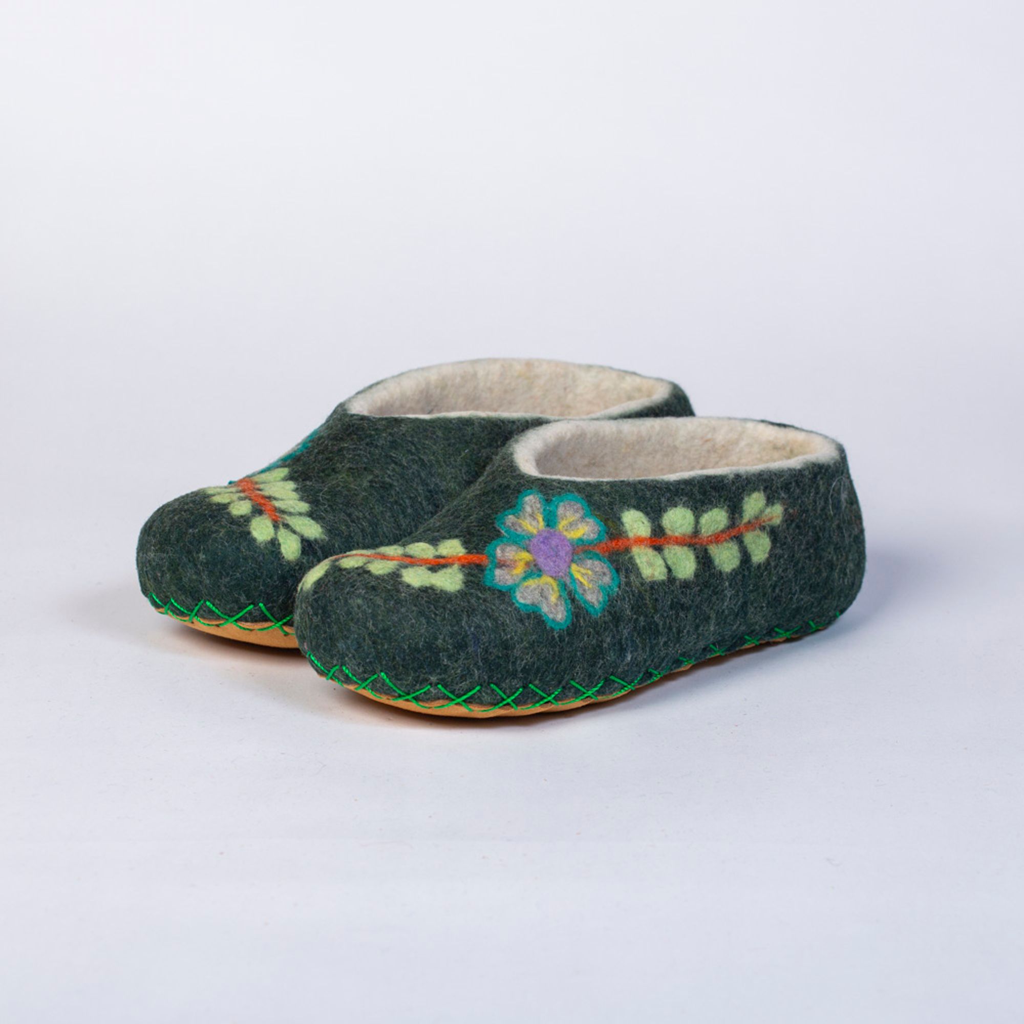 Hand-felted Wool Valley Slippers made in Peru. Model: Lily