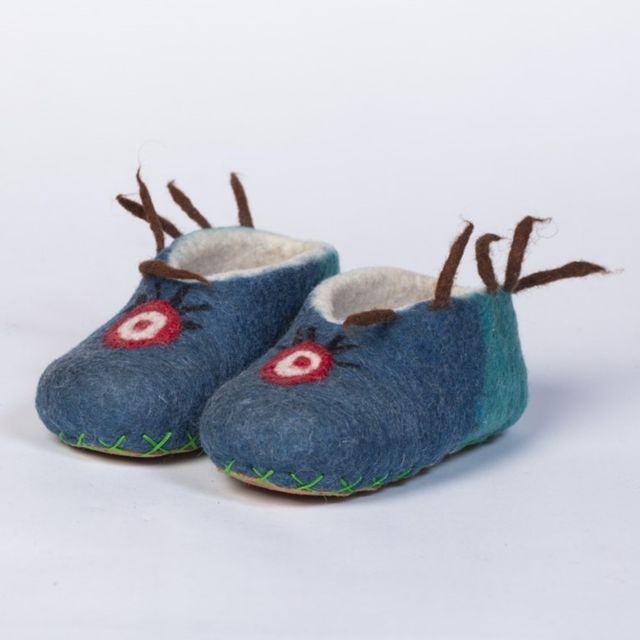 Hand-felted Wool Valley Slippers made in Peru. Model: Monster Patrol