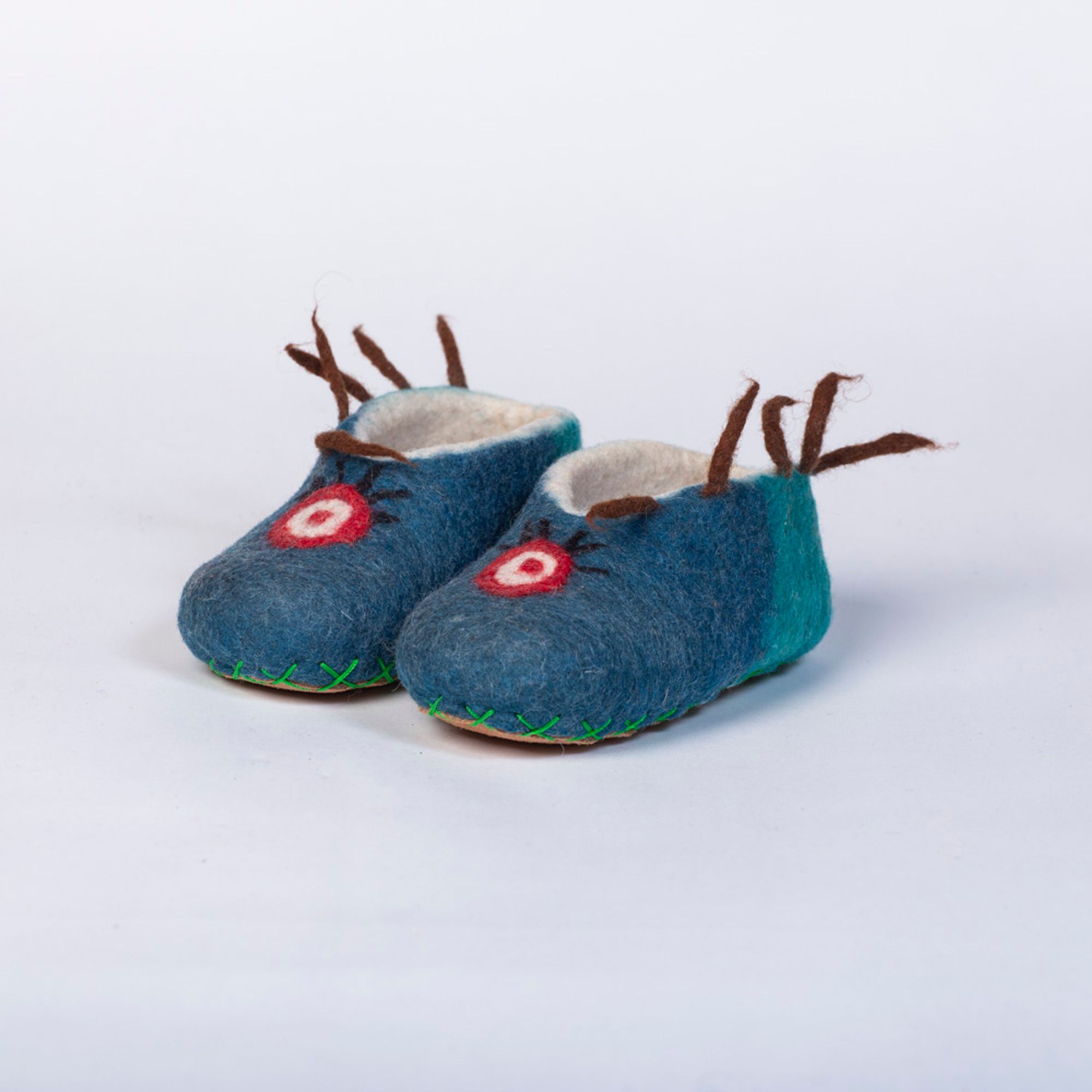 Hand-felted Wool Valley Slippers made in Peru. Model: Monster Patrol