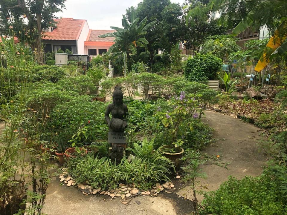 A lush community garden with potted plants, shrubs and a stone statue along a paved path in Jalan Senang Estate, Singapore.