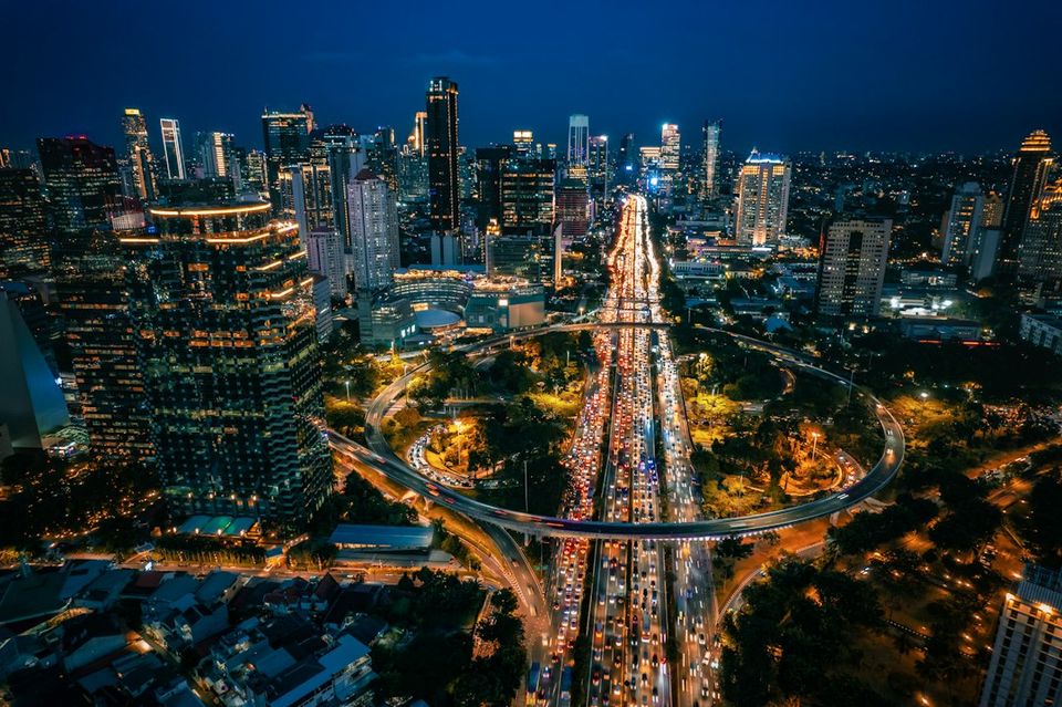 An aerial view of a city at night
