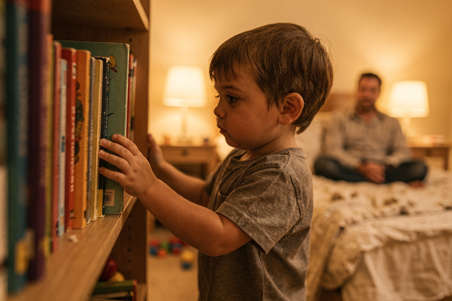 Editorial photo of a five-year-old choosing a bedtime book from a low shelf with a patient parent sitting nearby on the bed in warm lamp light, used in an article about bedtime stories for 5 year olds