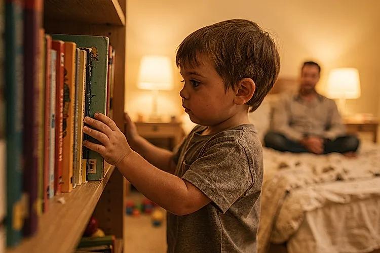 Editorial photo of a five-year-old choosing a bedtime book from a low shelf with a patient parent sitting nearby on the bed in warm lamp light, used in an article about bedtime stories for 5 year olds