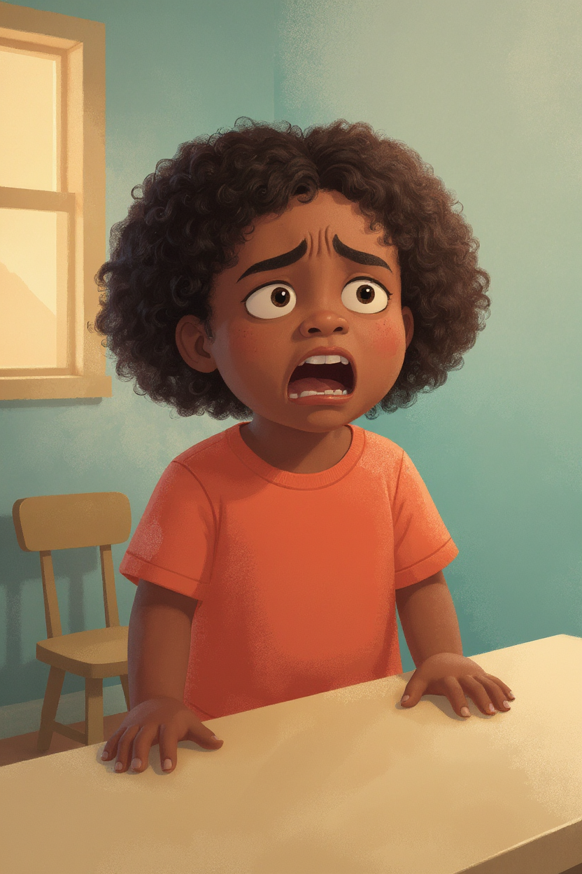 Illustration of a young girl in the kitchen, face starting to crumple but mouth beginning to form a word for her feeling instead of breaking into a meltdown, used in an article about books about emotions for preschoolers