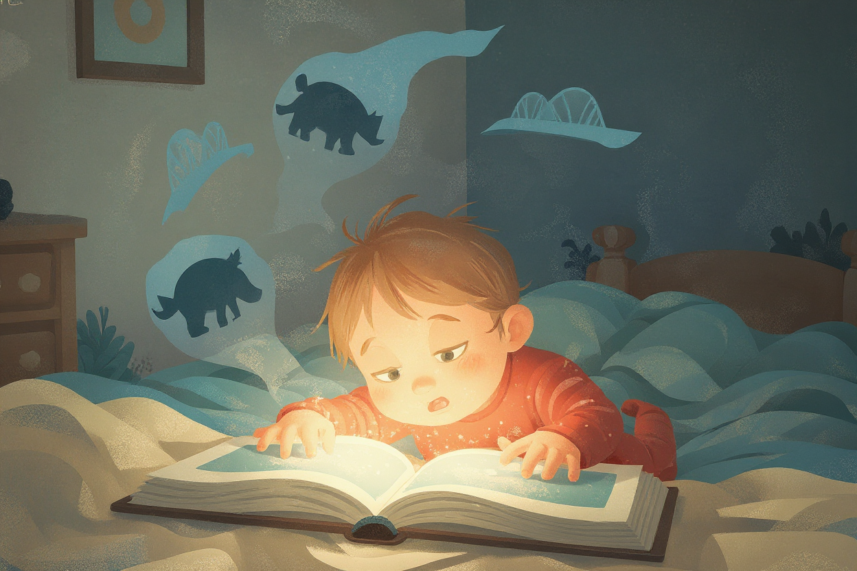 Illustration of a five-year-old absorbed in a picture book with faint story-world shapes drifting upward from the pages in a bedroom at night, used in an article about bedtime stories for 5 year olds