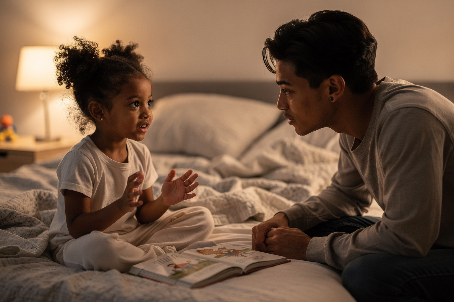 Editorial photo of a four-year-old girl explaining something animatedly to her parent, the closed picture book resting between them on the bed, used in an article about reading conversations with 4-year-olds