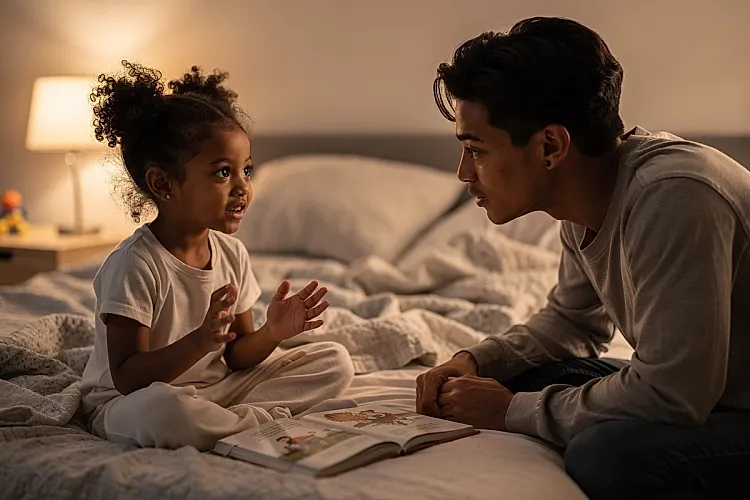 Editorial photo of a four-year-old girl explaining something animatedly to her parent, the closed picture book resting between them on the bed, used in an article about reading conversations with 4-year-olds
