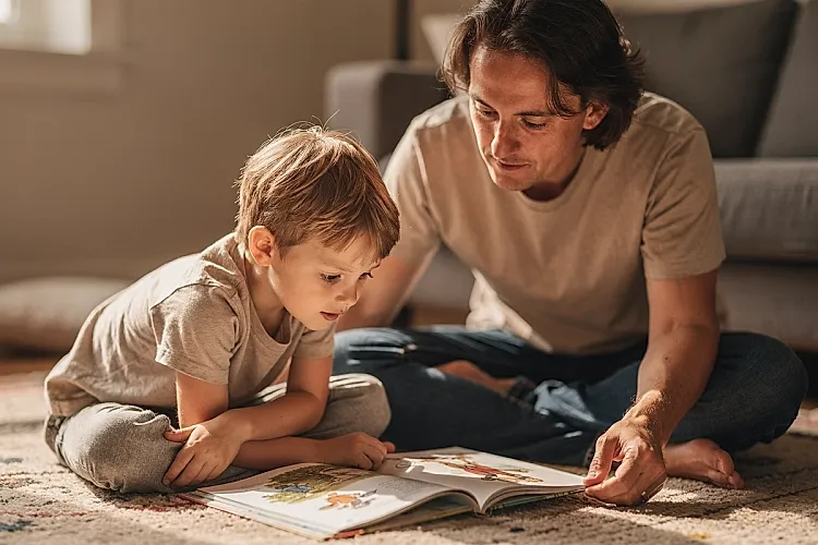 Editorial photo of a young boy and parent sitting together on the living room floor reading a picture book on an ordinary afternoon, used in an article about books about emotions for preschoolers