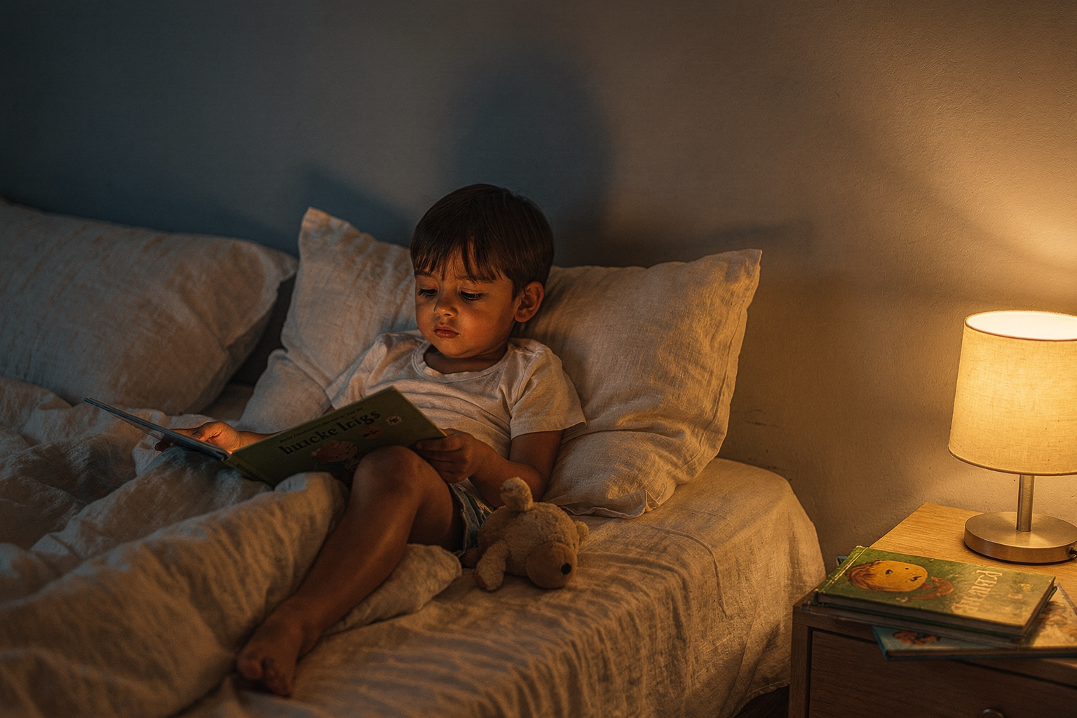Editorial photo of a young boy with warm golden skin and straight dark hair sitting completely still in bed, absorbed in a short picture book, surrounded by a slightly rumpled bedtime environment, used in an article about short bedtime stories for kids