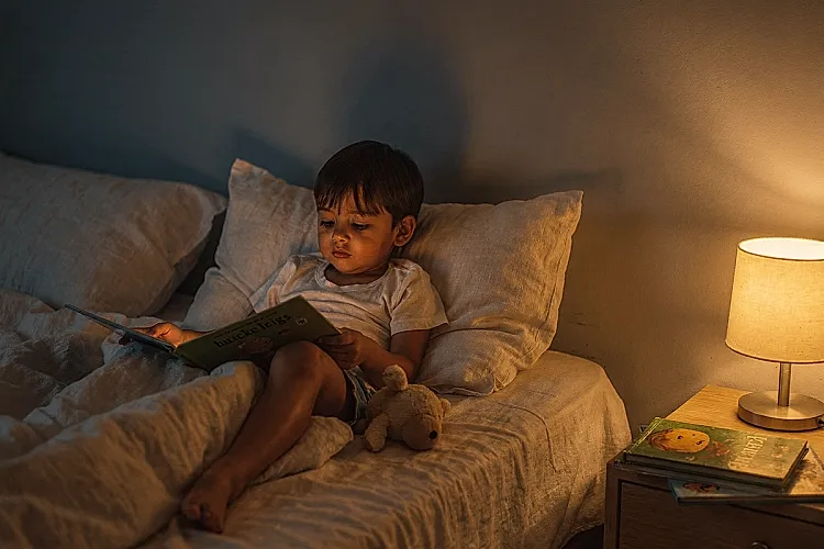 Editorial photo of a young boy with warm golden skin and straight dark hair sitting completely still in bed, absorbed in a short picture book, surrounded by a slightly rumpled bedtime environment, used in an article about short bedtime stories for kids
