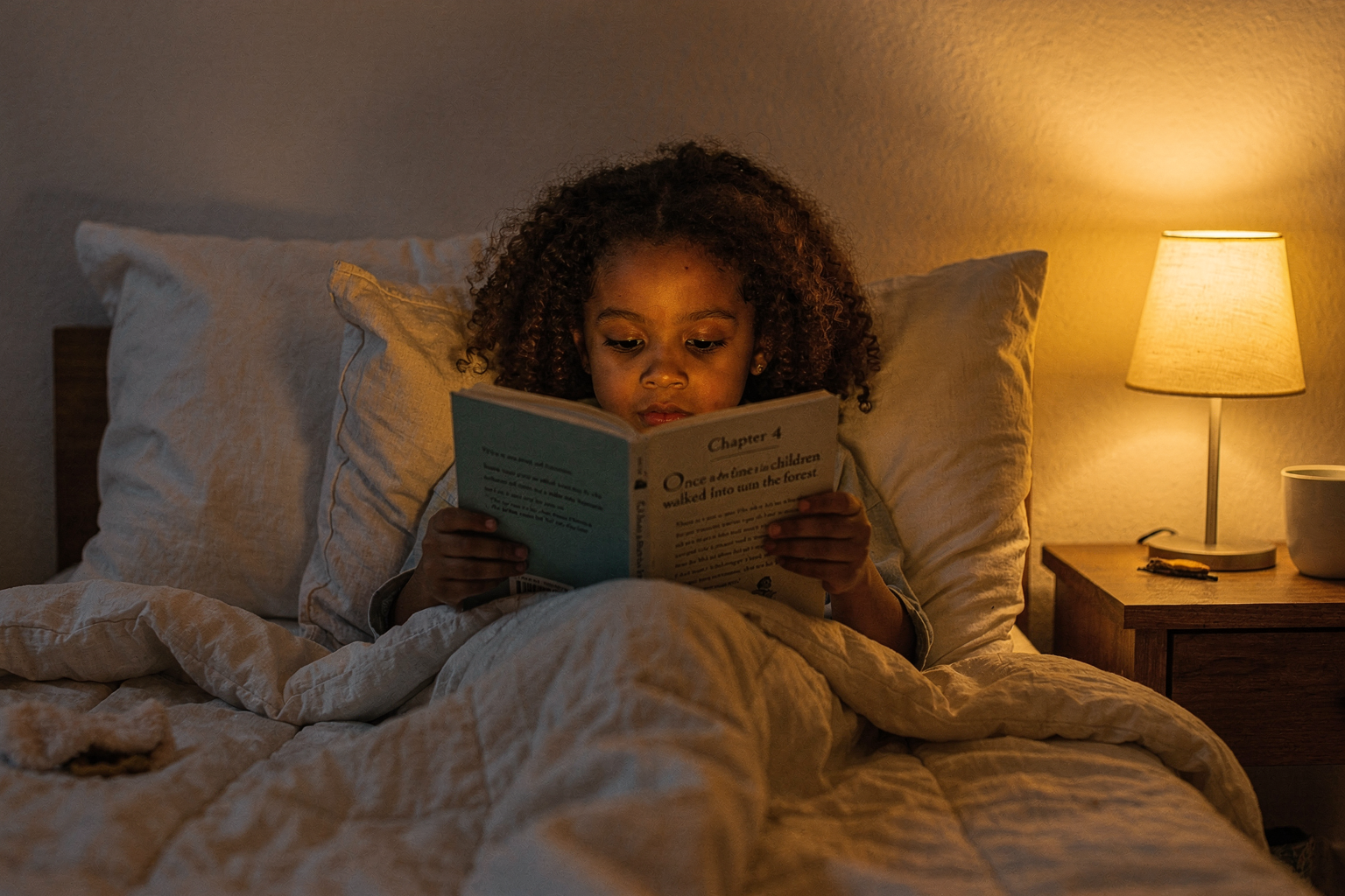 Editorial photo of a five-year-old girl reading a book independently in bed by lamplight, used in an article about chapter book readiness for 5-year-olds