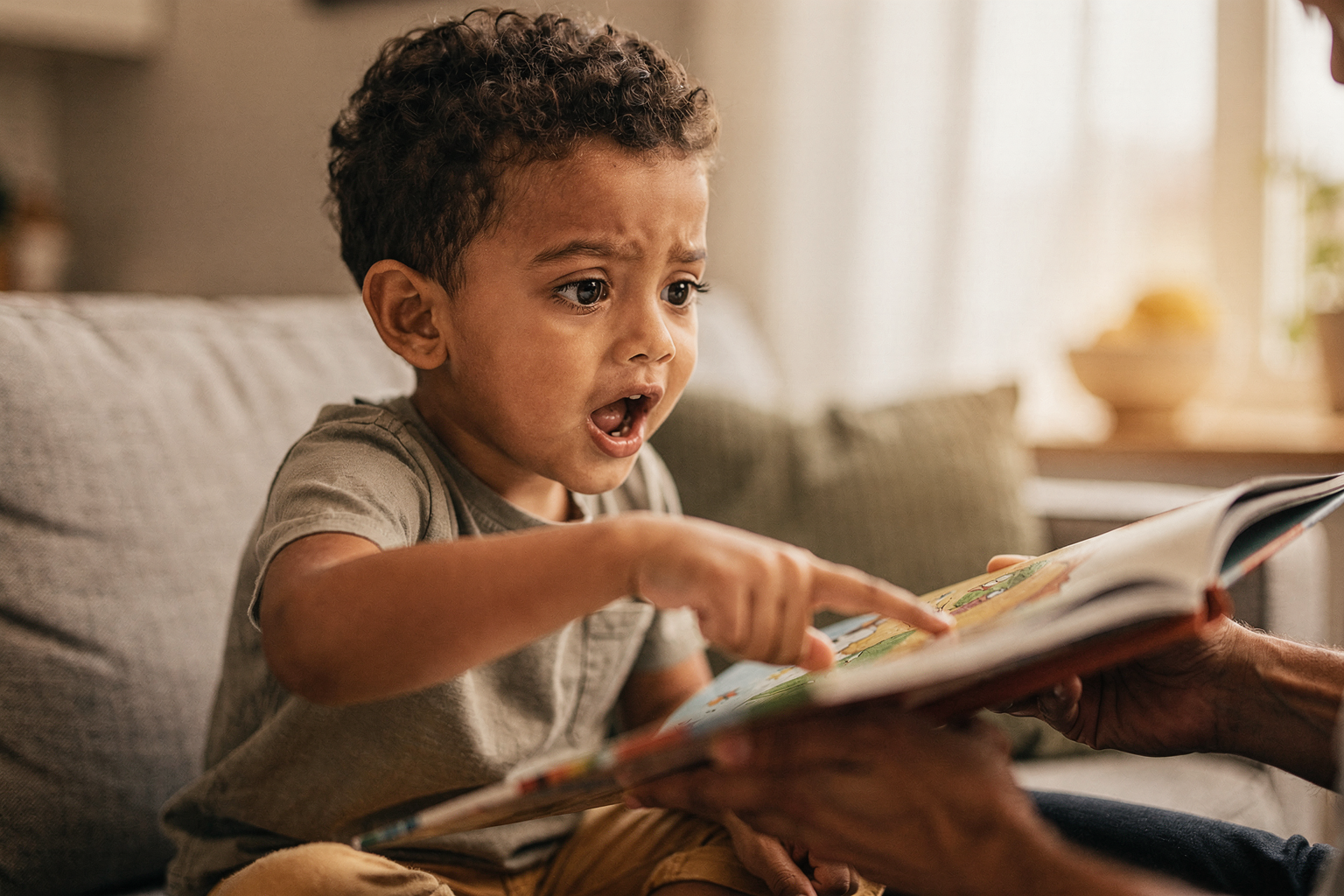 Editorial photo of a four-year-old boy pointing excitedly at a picture book page while a parent holds the book, capturing the moment of discovery, used in an article about the best books for 4-year-olds