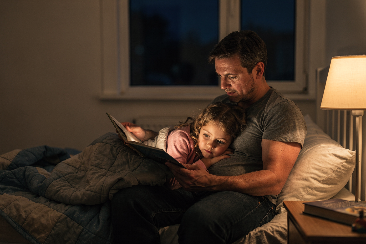 Editorial photo of a parent and young girl reading together on the edge of a bed under warm lamp light, used in an article about 5-minute bedtime stories