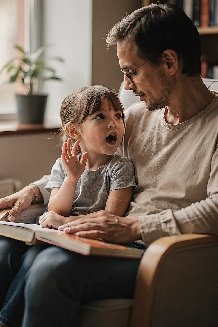 Editorial photo of a child around age six or seven mid-conversation with a listening parent, the picture book closed on the parent's knee, the child animatedly sharing what they thought the story meant, used in an article about picture books about feelings for ages 3 to 7