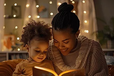 mother reading bedtime story to her child
