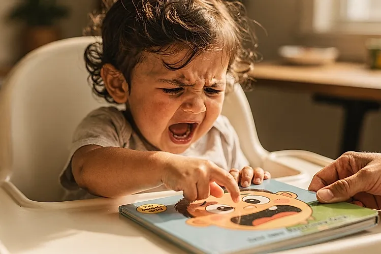 Editorial photo of a toddler mid-meltdown in a high chair, back arched, one hand reaching to touch a board book held up to the tray, used in an article about books about feelings for toddlers