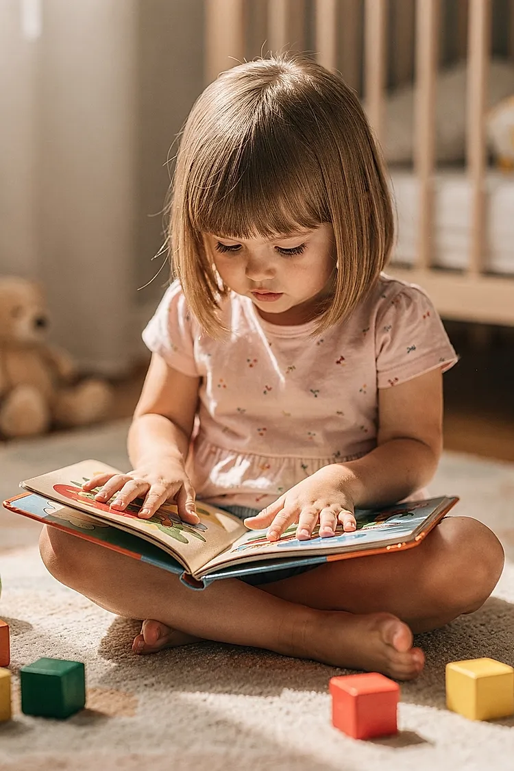 Editorial photo of a 2-year-old girl holding a board book upside down and studying it intently, used in an article about how toddlers really read at age 2