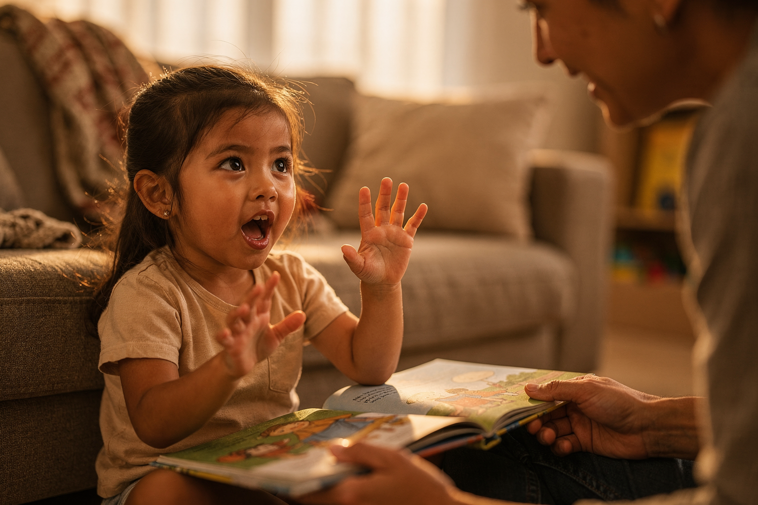 Editorial photo of a three-year-old girl mid-gesture explaining something to a parent during a picture book read-aloud, used in an article about dialogic reading with 3-year-olds