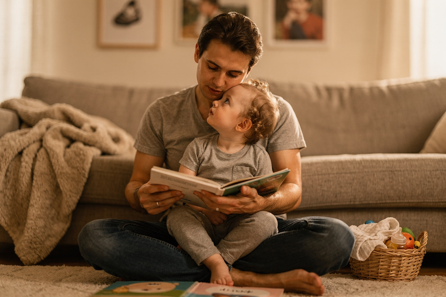 Editorial photo of a parent holding a baby girl in their lap with an open board book, the baby looking up at the parent's face instead of the book, used in an article about how to read to a baby
