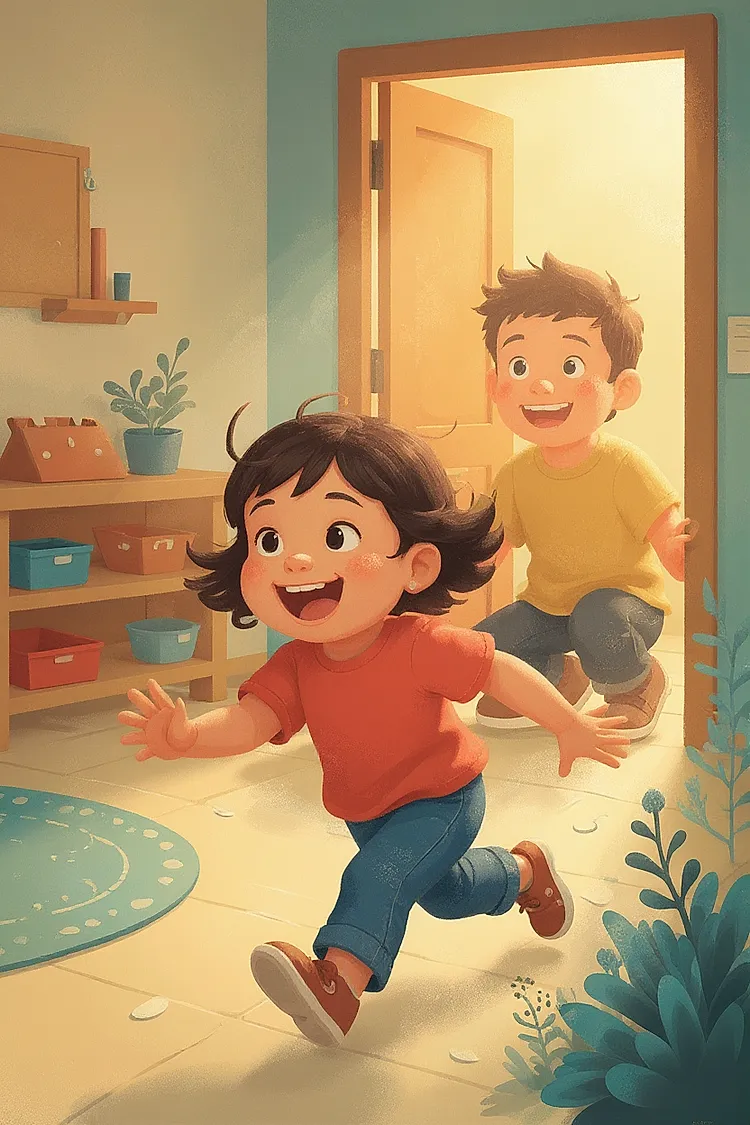 Illustration of a small girl running full-speed toward a crouching parent at a preschool doorway with arms thrown open, capturing the joy of pickup — the reunion that makes the goodbye worth it