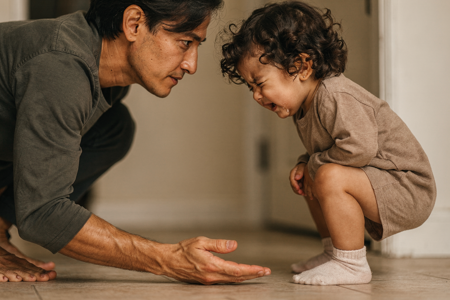 Editorial photo of a parent crouched to floor level facing a toddler girl who is mid-cry, the parent's hand open on the floor between them, steady and present, used in an article about helping a toddler through a big feeling