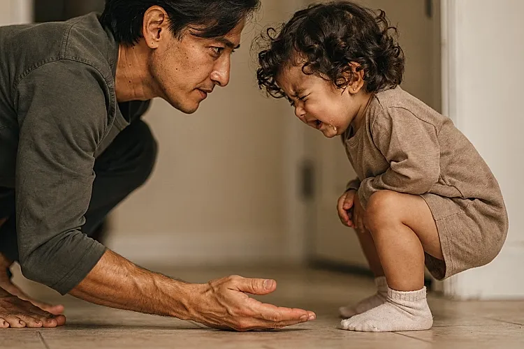 Editorial photo of a parent crouched to floor level facing a toddler girl who is mid-cry, the parent's hand open on the floor between them, steady and present, used in an article about helping a toddler through a big feeling