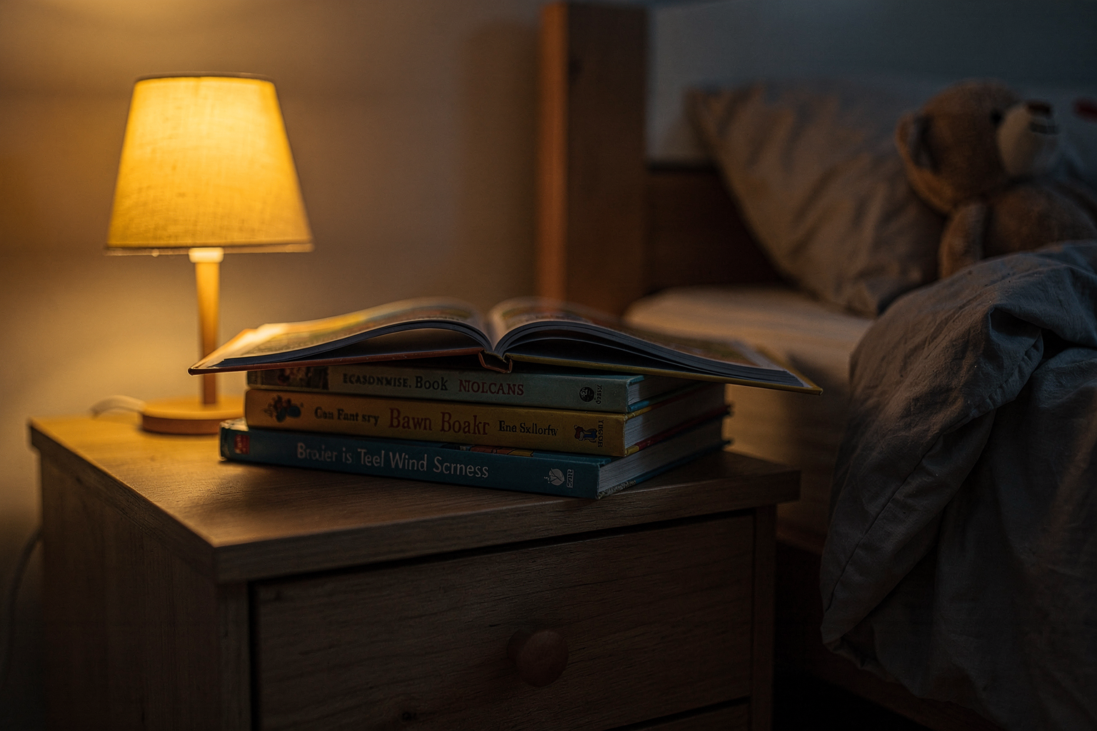Editorial photo of a small stack of picture books on a child's nightstand with a lamp glowing nearby, used in an article about books for 3-year-olds