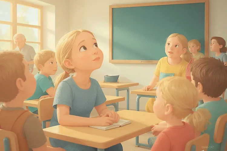 Illustration of a girl sitting still among other children in a classroom, looking upward attentively as a teacher reads from a list, used in an article about first day of school books