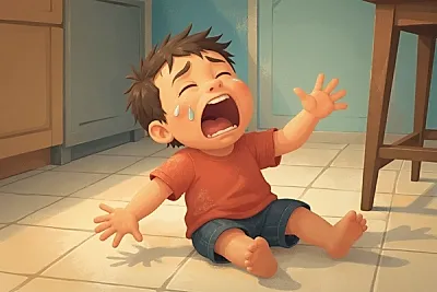 Illustration of a small boy collapsed face-down on a kitchen floor, the bigness of an unnamed feeling visible in every line of his body, used in an article about books about emotions for preschoolers