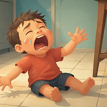 Illustration of a small boy collapsed face-down on a kitchen floor, the bigness of an unnamed feeling visible in every line of his body, used in an article about books about emotions for preschoolers