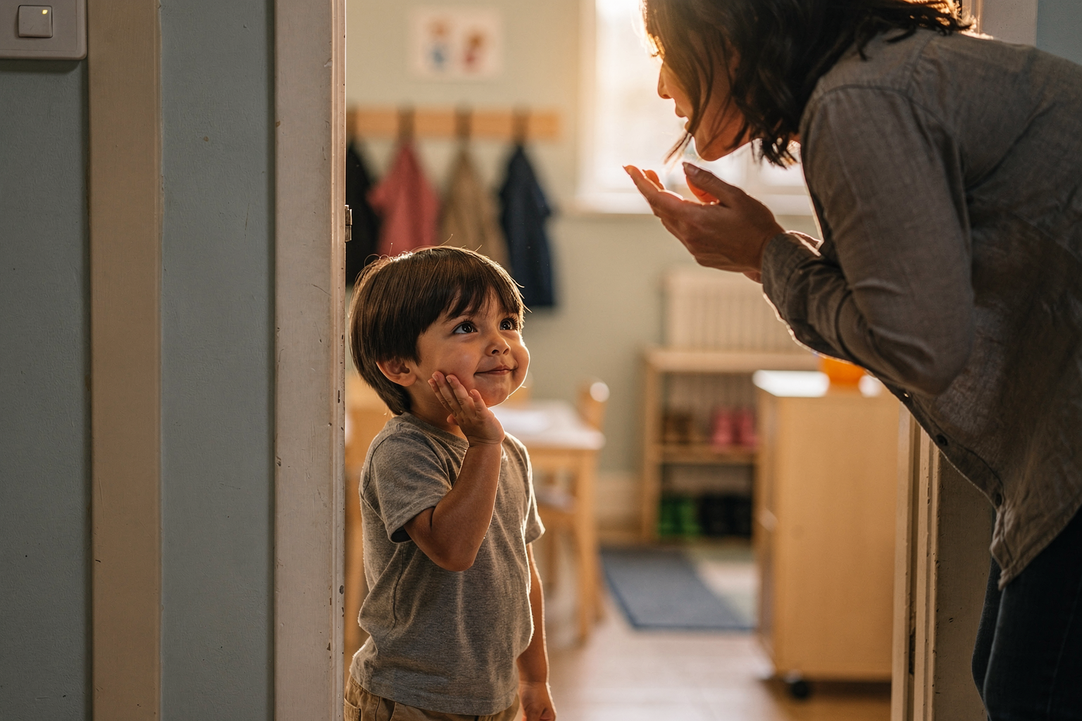 Editorial photo of a small boy at a preschool classroom door catching a blown kiss from a parent who is half-turned to leave, the child's expression calm and trusting