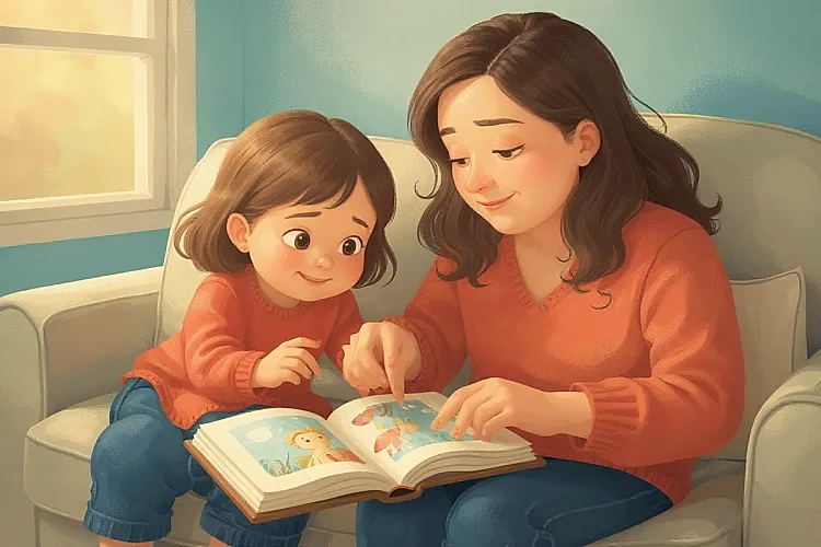 Illustration of a young girl in a parent's lap pointing at a page in an open picture book, discovering a word for a feeling, used in an article about emotions books for preschoolers