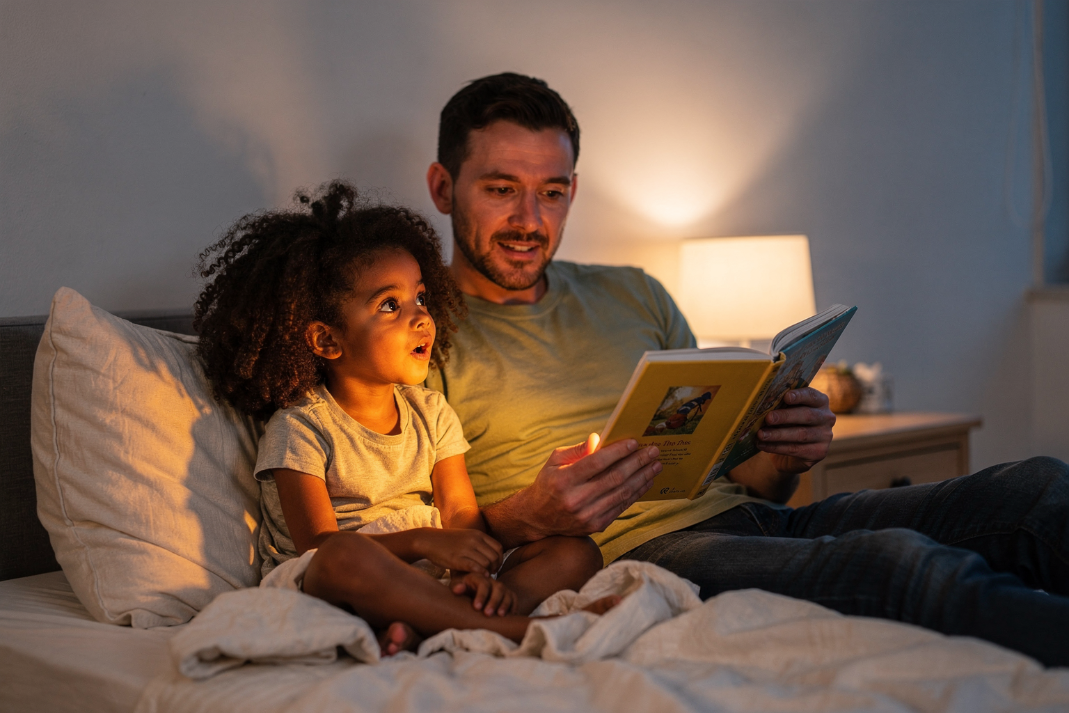 Editorial photo of a young girl turning mid-story to look up at a parent with unguarded attention during bedtime reading, used in an article about bedtime stories for kids