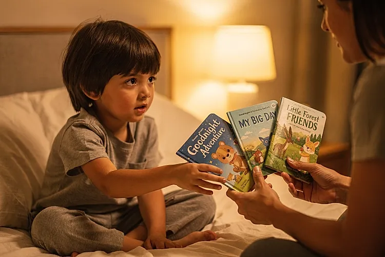 Editorial photo of a boy reaching toward books a parent is offering at bedtime, choosing from a small curated stack, used in an article about building a bedtime reading routine
