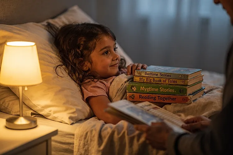 Editorial photo of a girl tucked in bed listening to a bedtime story by lamp light, with a small stack of well-worn books on a nightstand, used in an article about how long bedtime stories should be
