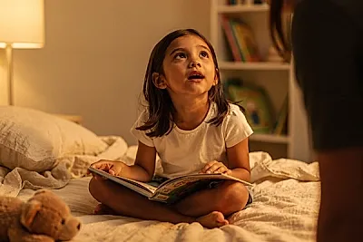 Editorial photo of a young girl with warm golden skin and straight dark hair looking up eagerly at a parent holding an open picture book during bedtime, used in an article about short bedtime stories for kids