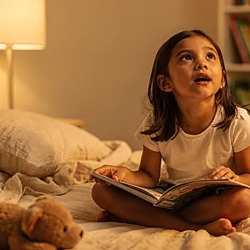 Editorial photo of a young girl with warm golden skin and straight dark hair looking up eagerly at a parent holding an open picture book during bedtime, used in an article about short bedtime stories for kids